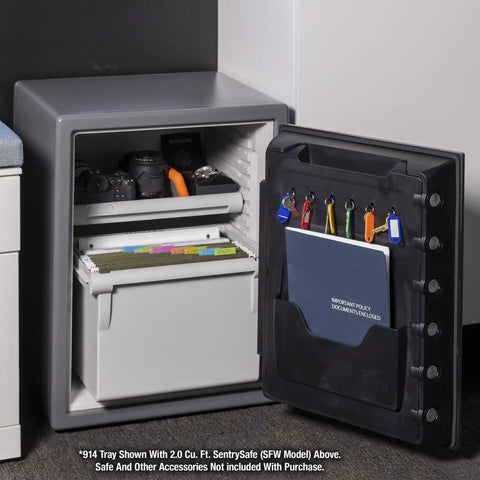 Open SFW205 safe with adjustable white shelf insert, organizing documents, cameras, and keys. White Shelf Insert For SFW205 Fireproof Safes