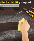 16 Pack Heavy Duty Tack Cloths For DIY Heroes Ready To Sweep Dust Like Pros Premium Cotton Mesh Wipes shown cleaning dust from a surface.
