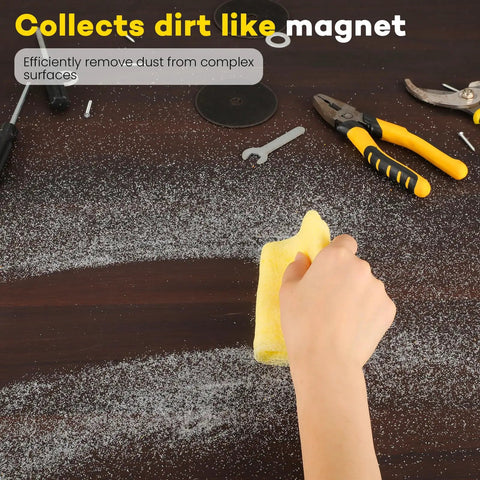 16 Pack Heavy Duty Tack Cloths For DIY Heroes Ready To Sweep Dust Like Pros Premium Cotton Mesh Wipes shown cleaning dust from a surface.