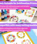 White Sublimation Sticker Paper 8.5x11, 20 Sheets, Waterproof Glossy Vinyl For Inkjet Printers And Heat Press showing colorful floral designs.