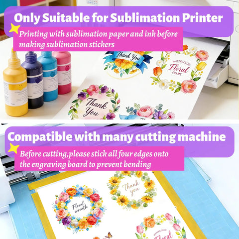 White Sublimation Sticker Paper 8.5x11, 20 Sheets, Waterproof Glossy Vinyl For Inkjet Printers And Heat Press showing colorful floral designs.
