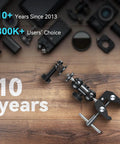 Sturdy Camera Clamp Mount With Double Ball Head Magic Arm for Fence Desk and Tripod, celebrating 10 years of excellence.