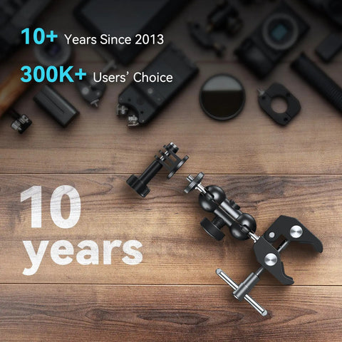 Sturdy Camera Clamp Mount With Double Ball Head Magic Arm for Fence Desk and Tripod, celebrating 10 years of excellence.