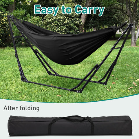 2 In 1 Hammock And Swing Chair With Foldable Stand Dope Portable Camping Gear For Outdoors Carrying Bag in a garden