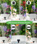 Solar Water Fountain Pump Kit For Outdoor Features 2026 Upgraded DIY Kit With 6 Nozzles demonstrating water spray patterns.