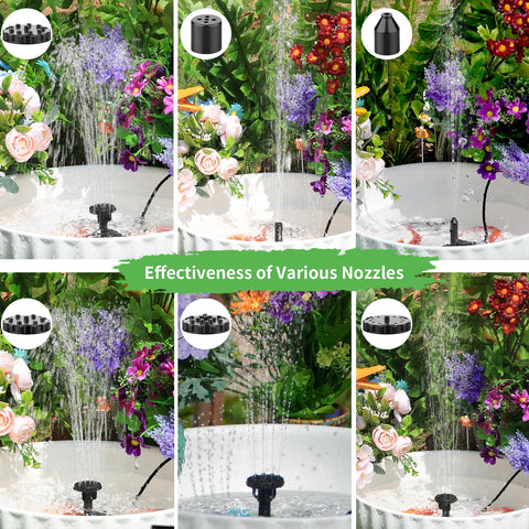 Solar Water Fountain Pump Kit For Outdoor Features 2026 Upgraded DIY Kit With 6 Nozzles demonstrating water spray patterns.