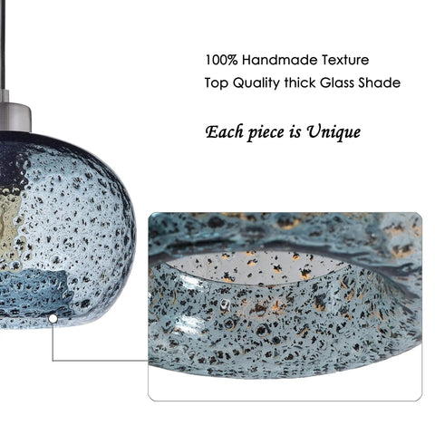 Hand Blown Glass Pendant Light For Kitchen Island And Sink In Grey Blue With Brushed Nickel Hardware close-up of texture