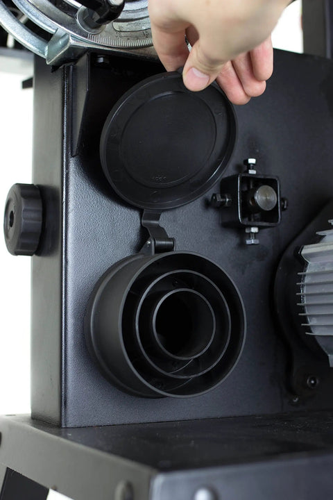 Close-up of dust collection port on Beast Of A 10 Inch Band Saw With Stand, 3.5 Amp Motor, Two Speed 1520 And 2620 FPM.
