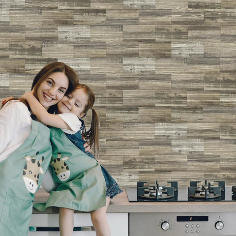 Mother and daughter in kitchen with Peel And Stick Tile Backsplash Kit 102-Piece 3x6 Subway Tan Tiles For Kitchen And Bath