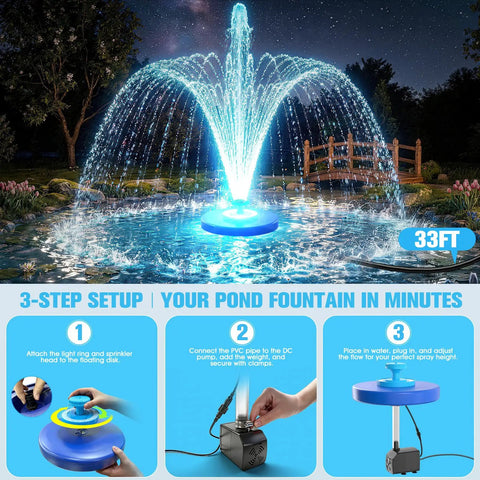 Floating Pond Fountain With LED Lights Plug In Aerator Pump For Ponds And Pools Twenty Four Seven Steady Spray Large Outdoor Water Feature With Anchor Garden Pond Accessory 33 Ft Cord fountain display at night with 3-step setup guide.