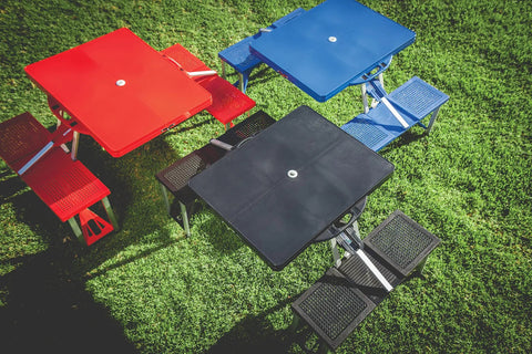Overhead view of Folding Picnic Table With Benches For Four, Portable Camping Outdoor Table With Umbrella Hole, Royal Blue