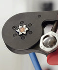 Self-Adjusting Crimping Pliers for End Sleeves and Ferrules, Hexagonal Crimp for Confined Spaces Up to 10 mm2, close-up on crimping action
