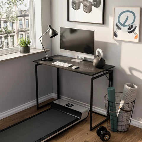 Folding Desk With 31.5 Inch Wood Top For Small Spaces No Assembly Required Compact Home Office Desk For Writing And Studying Fits In Tight Corners Space Saver Preassembled And Ready To Use next to window with monitor and lamp