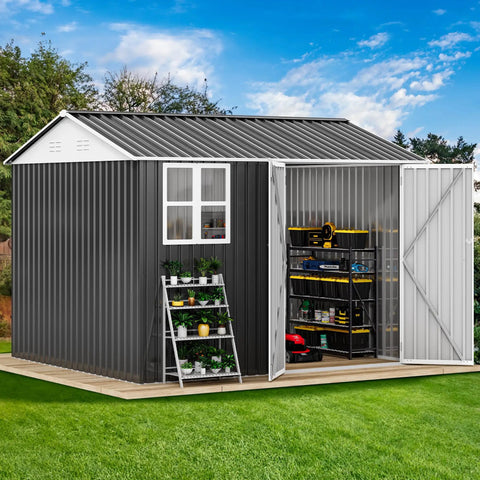 10 Ft By 8 Ft Metal Outdoor Storage Shed With Windows And Lockable Doors Sloped Roof Waterproof Rain Or Shine Ready No Fuss Setup