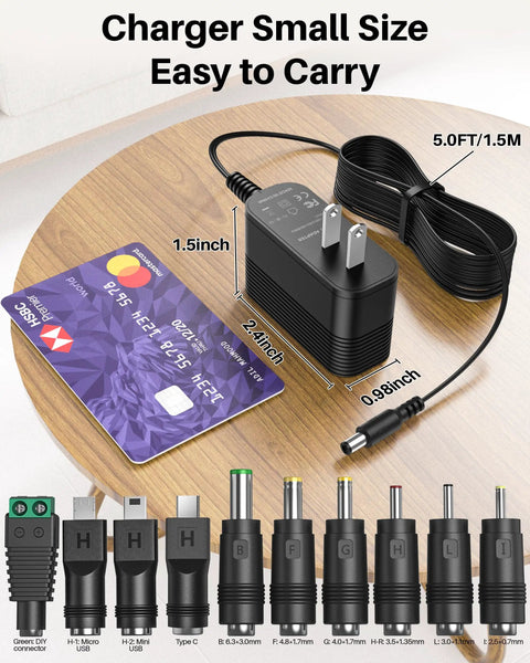 5V 1A Power Supply With 10 Interchangeable Jacks, black compact charger with 1.5m cable and assorted adapters