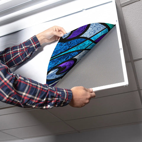 Installing fluorescent light cover with stained glass design on 2x4 ceiling fixture, 22.38x46.5 inches, classroom friendly