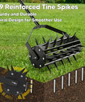 Beast Of A Heavy Duty Manual Lawn Aerator Roller With 17 Inch Push Spike Design Adjustable Steel Handle shown on grass