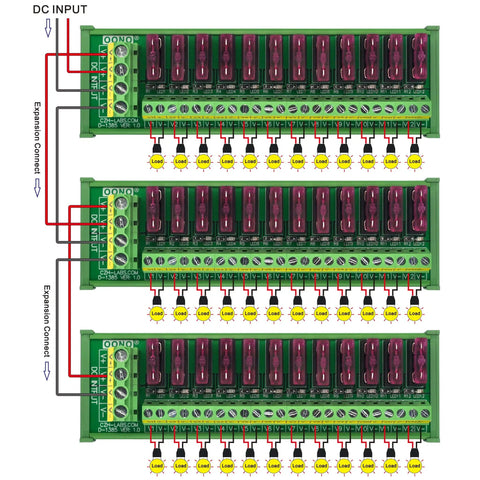 DC Power Fuse Distribution Strip Module 12 Channel DIN Rail Mount For 0 To 32V DC Systems, 30A Total Input, 3A Per Channel Factory Fuse 3A Replaceable Up To 10A Easy Wiring Industrial Grade Power Distribution Block, stacked DIN rail view