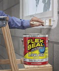 Person applying liquid rubber coating sealant for waterproof, flexible protection on masonry with UV resistant finish, one gallon can.