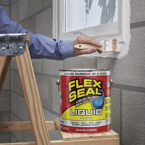 Person applying liquid rubber coating sealant for waterproof, flexible protection on masonry with UV resistant finish, one gallon can.