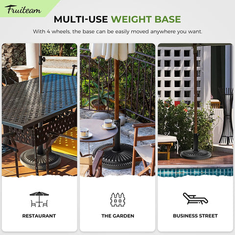 15 Inch Round Patio Umbrella Base Pre Filled 23 Lb Heavy Duty Stand Sunflower Pattern Black Outdoor Poolside Weatherproof HDPE in various settings