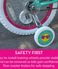 Close-up of Barbie 16 Inch Girls Bike for Kids Aged Five to Seven with training wheels and rear coaster brakes visible.