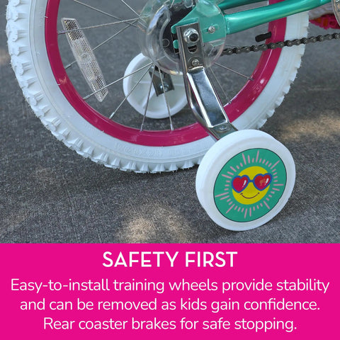 Close-up of Barbie 16 Inch Girls Bike for Kids Aged Five to Seven with training wheels and rear coaster brakes visible.