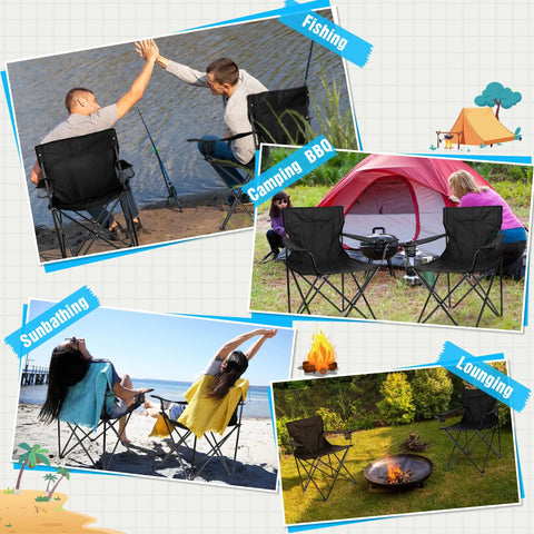 Two black foldable camping chairs by a lake, with people fishing and camping in various outdoor settings. Foldable Camping Chairs For Adults, Set Of 2, Large Portable Lawn Chairs For Outdoors, Fishing, Hiking, Travel, Picnic, Beach, Supports 275 Lbs, Includes Storage Bags, Black.