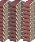 Heavy Duty 36 Pack 4X24 Sanding Belts Aluminum Oxide Abrasive Strips Assorted Grits 80 120 150 stacked for woodworking and metal projects.