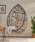 Indoor Outdoor Teardrop Wicker Hanging Chair For Patio And Deck, Multi Brown Tan Teardrop Basket Swing, plush cushion indoors