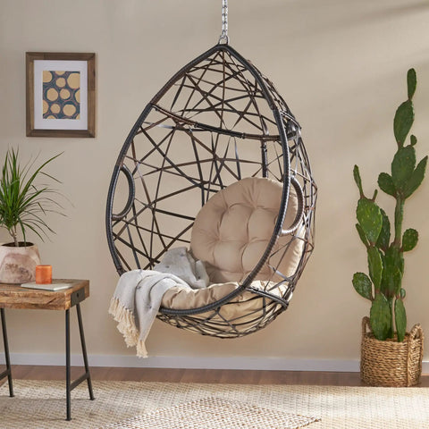 Indoor Outdoor Teardrop Wicker Hanging Chair For Patio And Deck, Multi Brown Tan Teardrop Basket Swing, plush cushion indoors