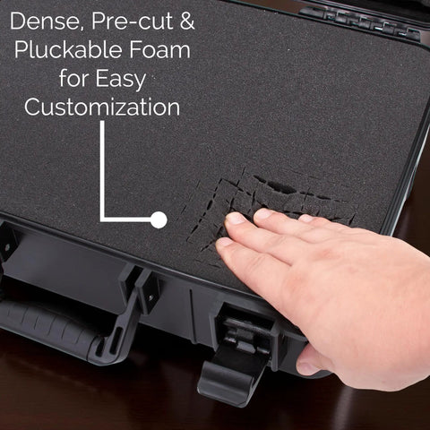 Person customizing foam insert in Hard Shell Wireless Microphone Case With Customizable Foam Insert For Sennheiser Shure Audio Technica Nady And VocoPro Receivers And Transmitters Built For Rugged Travel Gig Ready Protection.