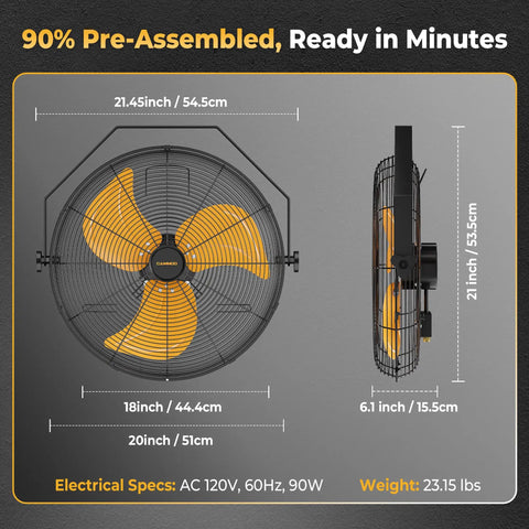 Heavy Duty 18 Inch Wall Mount Fan With Extended 6.6 Ft Cord, 360 Degree Tilt, Three Speed Settings, IP44 Rating, Dual Pack displayed with dimensions