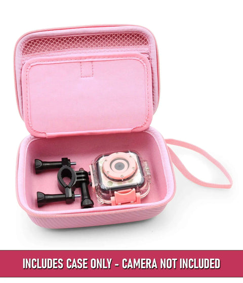 Dope Pink Hard Shell Camera Travel Case Straight Up Built To Shield Your Waterproof Toy Action Cams And Video Recorders While Keeping Loose Mounts Straps And Chargers Packed Tight, opened with camera and mounts inside.