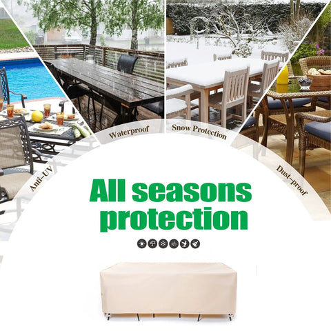 Patio Furniture Cover Waterproof UV Resistant For 72 To 84 Inch Dining Table And Chair Set Beige 108 Inch By 82 Inch Beefy Heavy Duty Ripstop Fabric Outdoor Cover For All Weather Protection shown protecting outdoor furniture in all seasons.