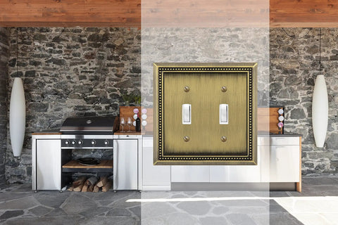 Sunken Pearls Beaded Wall Plate Cover, Heavy Duty Decorative Switch Plate Outlet Cover, Double Toggle, Antique Brass Finish