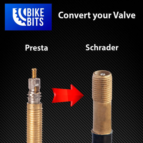 Brass Presta To Schrader Valve Adapters 4 Pack For Bikes Convert Presta To Schrader And Inflate With Standard Pump Or Air Compressor Durable Rust Resistant Bicycle Valve Adapters showing conversion process