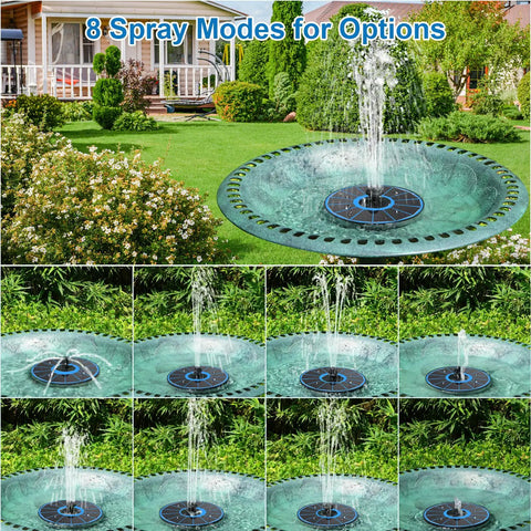 Image showing Solar Powered Fountain With Battery Backup For Your Backyard Pond And Bird Bath, Glass Panel 3.5W Water Pump With 7 Nozzles And 4 Fixed Pipes, Works On Cloudy Days, Hummingbird Water Feature For Outdoor Decor with 8 spray modes in a garden setting.
