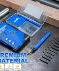 Pro Grade Deburring Tool Kit With 11 High Speed Steel Blades and 360 Degree Rotary Head, tools displayed on a table.