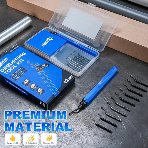 Pro Grade Deburring Tool Kit With 11 High Speed Steel Blades and 360 Degree Rotary Head, tools displayed on a table.