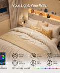 Queen Size Upholstered Bed Frame With Built In Charging Headboard And Hidden Storage Shelves Beige Platform Base featuring RGB night lights.