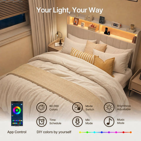Queen Size Upholstered Bed Frame With Built In Charging Headboard And Hidden Storage Shelves Beige Platform Base featuring RGB night lights.