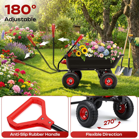 Heavy Duty Garden Dump Cart For Yard Farm And Garden Hauling With 900 Lb Capacity And 10 Inch Non Slip Pneumatic Tires Quick Release System Four Wheel Steel Frame Wagon For Easy Transport And Heavy Load Hauling.