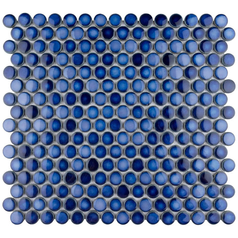 Porcelain Penny Round Sapphire Tile For Floor And Wall, Slick Glossy Mosaic in Deep Blue, Mesh Mounted, 11 7/8 x 12 5/8 inches.