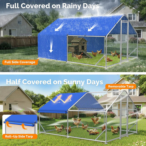 Top Notch Heavy Duty Chicken Coop Run With Thick Hardware Cloth For 20 Chickens, showing full and half coverage with waterproof tarp.