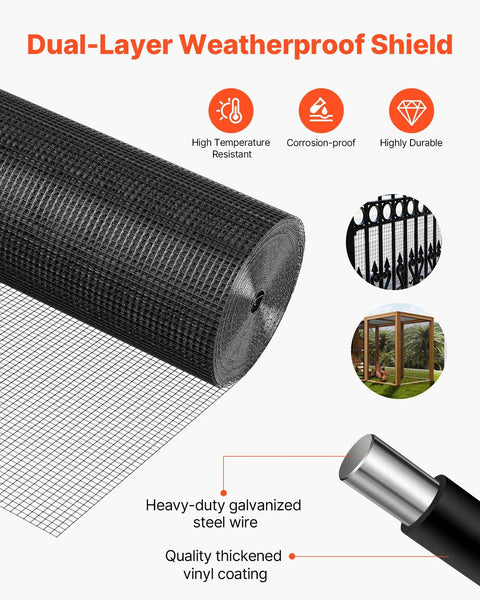 Heavy Duty Vinyl Coated Chicken Wire Mesh Roll Seventy Two By One Hundred Feet Galvanized Hardware Cloth Half Inch Grid for weatherproofing.