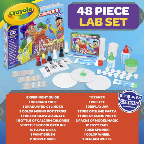 Color Chemistry Kit With 50 Experiments For Kids STEM Science Toy For Boys And Girls Ages 7 8 9 Hands On Color Mixing And Safety Lessons Ideal Gift For Curious Young Scientists, 48-piece lab set displayed with colorful experiment tools and guidebook