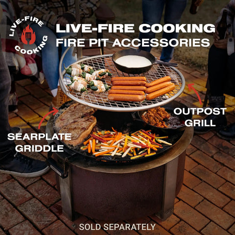 Smokeless Fire Pit For Outdoor Hangouts, 27.5 Inch X Series 24 Corten Steel Backyard Heater with grilling accessories, cozy setup