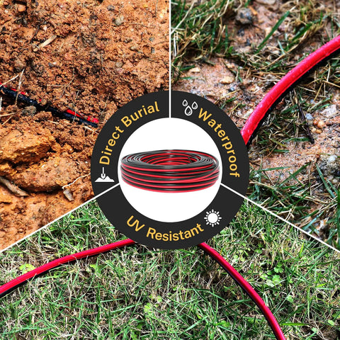 Go To Direct Burial Low Voltage Landscape Lighting Wire, 12 AWG 2 Conductor, Copper Red Black, waterproof and UV resistant