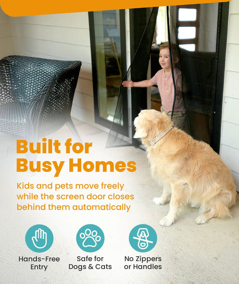 A child and dog using a Magnetic Screen Door For Patio Fits 38 By 82 Inches, Bugs Out Breeze In, hands-free entry.
